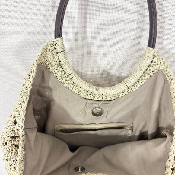Vintage Mervyns 2003 Woven Straw Beaded Tote Bag Tan Boho Summer Handbag - Picture 2 of 5